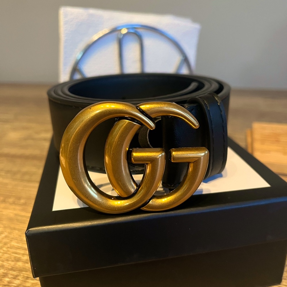 🔥 Authentic Gucci Marmot GG Brass Buckle Blk Leather Belt 10-12 🔥